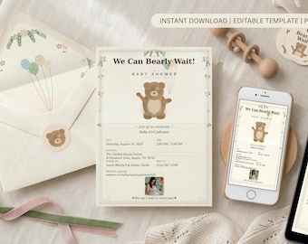 Plantilla editable de invitación para baby shower con diseño de osito, invitación "We Can Bearly Wait" con foto, baby shower con diseño de osito de peluche en tonos neutros, descarga instantánea.