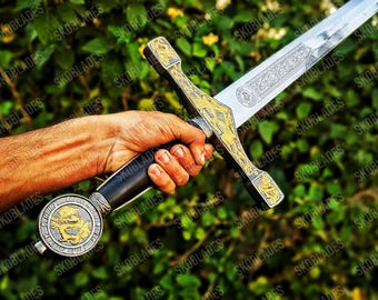 Espada Excalibur del Rey Arturo: espada de espiga completa hecha a mano con funda de cuero. Perfecta para coleccionistas y cosplay. Regalo de cumpleaños o aniversario.