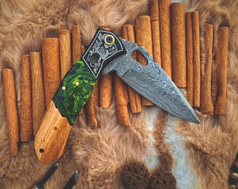 Handmade Damascus Pocket Knife Rose Wood Handle With Leather Sheath
