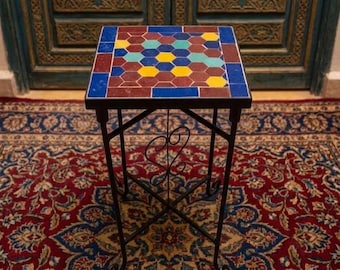 Handmade Moroccan Mosaic Side Table – Colorful Geometric Wrought Iron Plant Stand