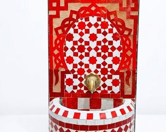 Moroccan Mosaic Wall Fountain Red White Zellige Tile Handmade Garden Indoor Outdoor Decor