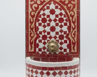 Handmade Moroccan Mosaic Wall Fountain: Red White Tile, Andalusian Garden Decor