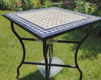 Mesa de exterior con mosaico de azulejos, mesa de bistró con tablero de cerámica, para jardín, muebles de balcón con estructura metálica.