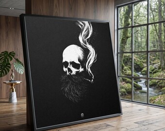 Bearded Skull Smoking Pipe Canvas, Dark Gothic Wall Art, Black and White Skull Illustration, Modern Home Decor, Edgy Canvas Design