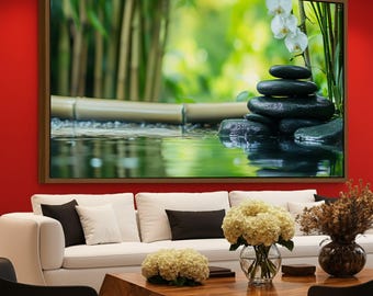 Zen Garden Stones Canvas Wall Art, Bamboo and Orchid Spa Decor, Tranquil Water Reflection, Nature Wall Decoration, Relaxing Green Bamboo