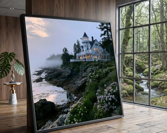 Coastal Victorian Mansion Canvas, Seaside Landscape Wall Art, Ocean Cliffside Home Scene, Twilight Coastal View Decoration