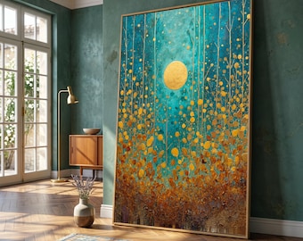 Golden Moonlight Meadow Canvas, Abstract Floral Wall Art, Blue Gold Botanical Decoration