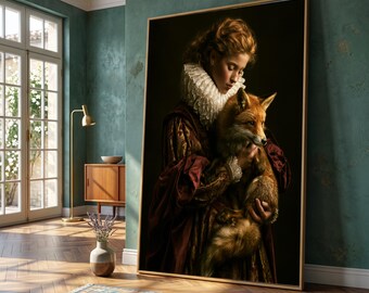 Renaissance Woman with Red Fox Canvas Wall Art, Vintage Portrait Decoration, Elegant Historical Fashion Print, Animal and Human Connection