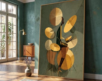 Abstract Drummer Canvas Wall Art, Jazz Musician Illustration, Modern Geometric Drum Set Canvas, Mid Century Style Wall Decoration