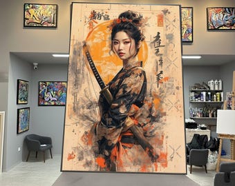 Elegant Samurai Woman Canvas, Japanese Kimono Art, Floral Swordswoman Wall Art, Asian Warrior Portrait Canvas, Modern Oriental Decoration
