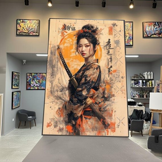 Elegant Samurai Woman Canvas, Japanese Kimono Art, Floral Swordswoman Wall Art, Asian Warrior Portrait Canvas, Modern Oriental Decoration