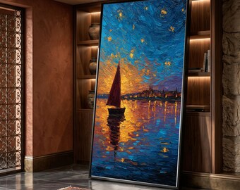 Starry Night Sailboat Canvas, Sunset Seascape Wall Art, Coastal Landscape Canvas, Nautical Home Decor, Evening Water Reflection Art