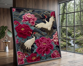 Hand-Designed Crane Peony Canvas Art, Asian Floral Botanical Wall Decoration