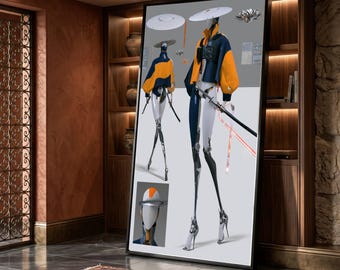 Futuristic Samurai Robot Canvas, Cyberpunk Warrior Wall Art, Sci-Fi Digital Character Design, Modern Home Decoration