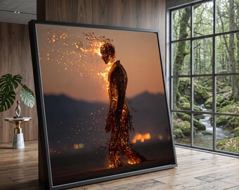 Burning Man Sculpture, Fiery Figure Canvas, Artistic Light Installation, Dusk Outdoor Wall Art, Modern Sculpture Canvas