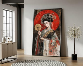 May include: A framed artwork depicts a woman in traditional Asian attire, holding a fan. The artwork features a red circular backdrop and intricate details in the woman's clothing and headdress. The artwork is displayed in a modern interior setting.