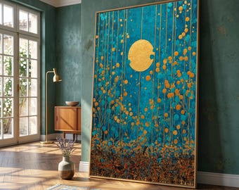 Golden Moon Abstract Canvas, Blue and Gold Wall Art, Modern Floral Canvas, Elegant Nature Scene, Vertical Home Decoration, Ready to Hang