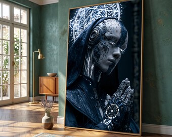 Futuristic Cyber Monk Canvas, Praying Android Wall Art, Sci-Fi Robot Portrait, Digital Spirituality Canvas, Modern Tech Art Decoration