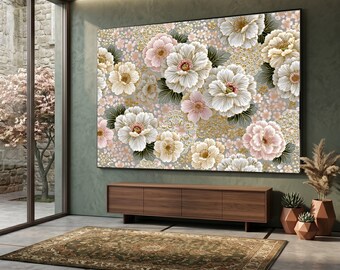 Elegant Floral Canvas Wall Art, Gold and Pink Flowers, Decorative Botanical Canvas, Sophisticated Home Decor, Ready to Hang Artwork