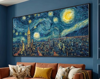 Starry Night Cityscape Canvas, Vibrant Urban Skyline Wall Art, Hand-Stretched Cotton Home Décor