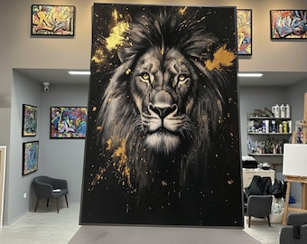 Majestueus leeuwportret canvas, zwart-gouden muurkunst, canvas dieren in het wild, moderne huisdecoratie, vorstelijke leeuw schminken