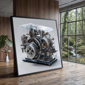 May include: A framed wall art piece featuring a detailed illustration of a complex mechanical engine encased in a transparent housing. The artwork displays intricate silver and gold gears, metallic components, and internal machinery.