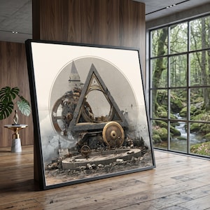 May include: A framed square wall art piece featuring a central triangular structure with an eye symbol, surrounded by intricate mechanical gears, metallic debris, and a circular background element in shades of grey, brown, and muted gold.