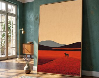 Minimalist Desert Landscape Canvas, Lone Wolf Silhouette, Red Plain Wall Art, Modern Nature Scene, Rustic Home Decor Canvas