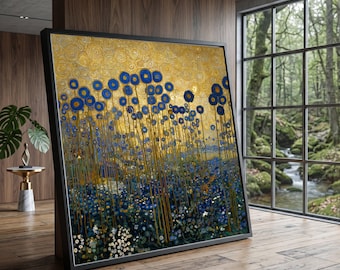 Abstract Blue Flowers Canvas, Golden Spiral Background Wall Art, Modern Floral Decoration, Nature Canvas, Room Accent Artwork