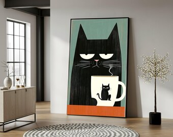 Gatto nero scontroso con tazza di caffè su tela, moderna arte murale con gatti, illustrazione di animali eccentrici, arredamento giocoso per la casa, tela pronta da appendere