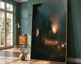 Spooky Haunted House Canvas, Gothic Mansion on Fire, Rustic Night Wall Art, Eerie Forest Scene, Dramatic Lighting Canvas Decoration