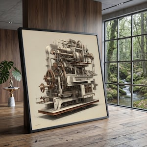 Ritning av vintagemaskin på canvas, väggkonst för maskinteknik, canvas i steampunkstil, retro verkstadsinredning, teknisk