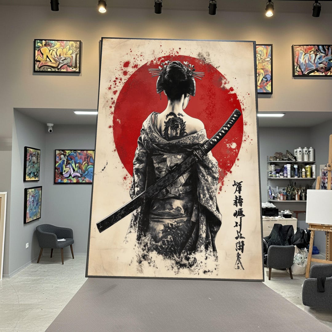Japanese Samurai Woman Canvas Wall Art, Geisha With Sword, Red Sun ...