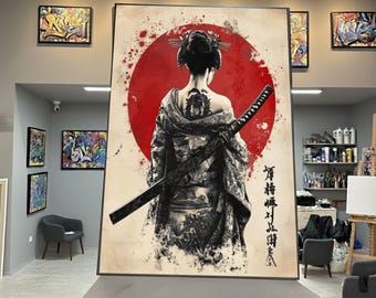 Lienzo decorativo de mujer samurái japonesa, geisha con espada y sol rojo, tatuaje tradicional de kimono, decoración oriental para el hogar.