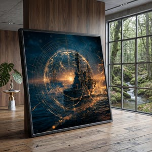 Verlicht slagschip op canvas, zeeschip op de oceaan, futuristisch radarontwerp, canvas met maritiem thema, moderne wanddecoratie