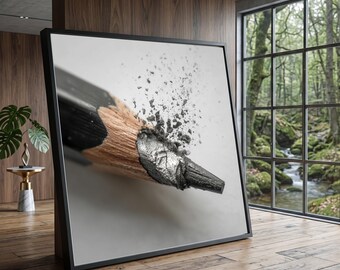 Broken Black Pencil Close Up Canvas, Macro Photography Wall Art, Artistic Stationery Decor, Creative Office Canvas, Modern Home Decoration