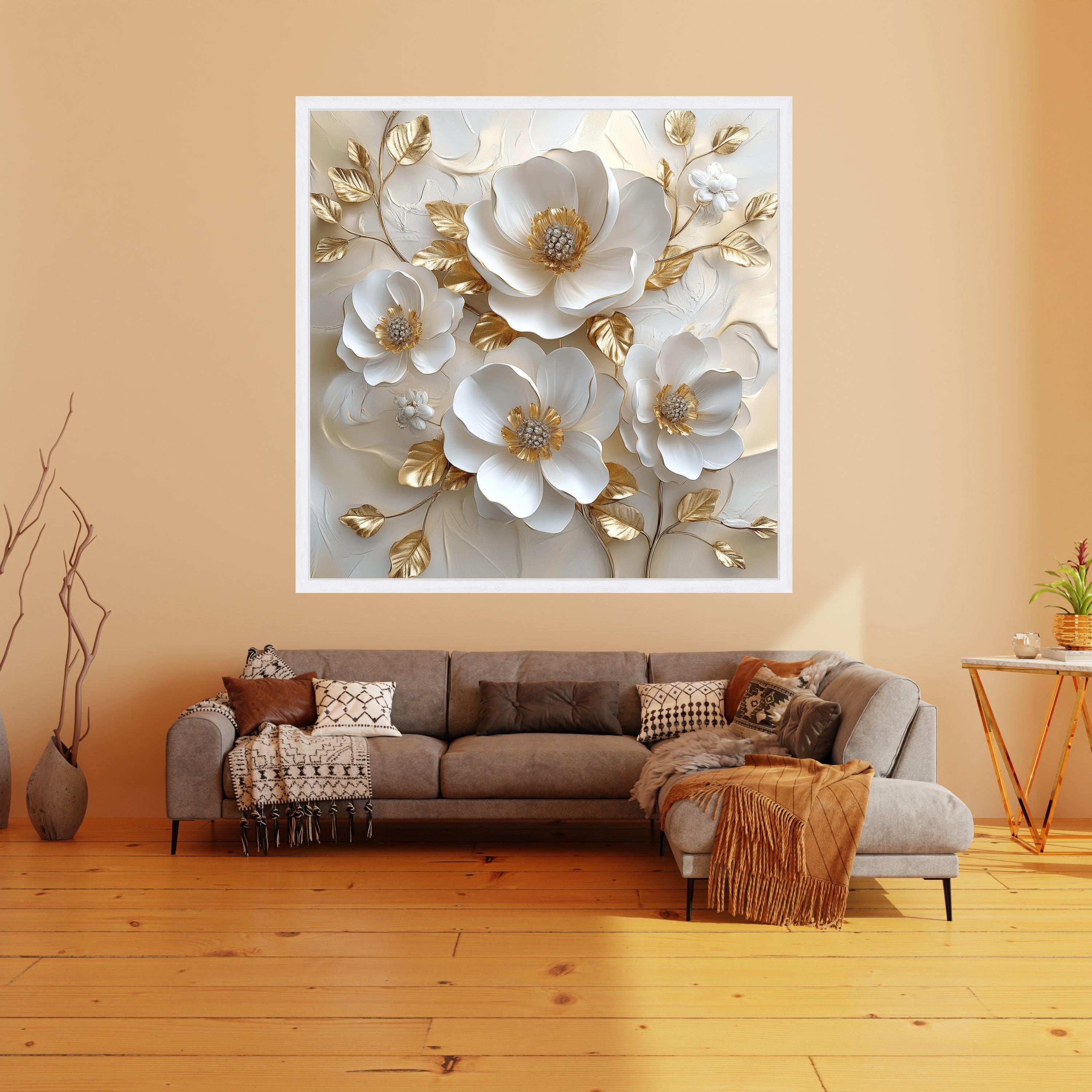 Elegant White and Gold Floral Canvas Wall Art, Decorative Flowers ...