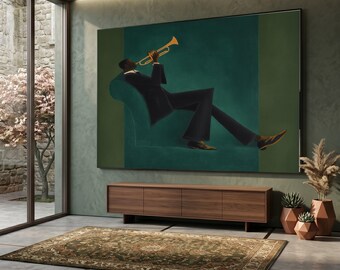 Jazz Musician Playing Trumpet Canvas, Relaxing Music Scene Wall Art, Modern Home Decor, Musical Instrument Canvas Art, Lounge Room