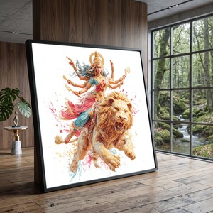 Divine Goddess on Lion Canvas, Mythological Hindu Art, Spiritual Wall Decor, Vibrant Indian Culture Canvas, Ready to Hang Artwork