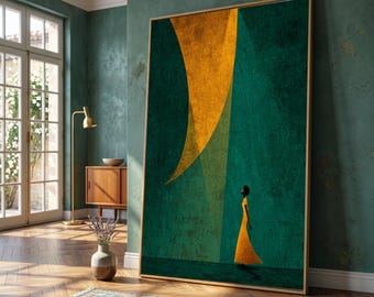 Elegant Woman Orange Dress Canvas, Minimalist Abstract Wall Art, Modern Home Decoration Canvas, Color Contrast Design