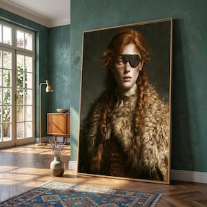 Mysterious Redhead Woman Portrait, Eye Patch Canvas Wall Art, Viking Style Costume, Rustic Home Decor, Dramatic Character Canvas