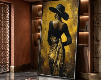 Elegant Woman Black Hat Canvas Art, Gold Fashion Portrait, Glamour Home Decor