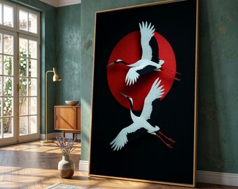 Red-Crested Cranes Canvas Art, Asian Style Flight, Minimalist Japanese Home Decoration