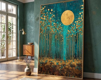 Golden Moon Abstract Canvas, Teal and Gold Forest Wall Art, Modern Nature Canvas Decoration, Elegant Metallic Canvas Art, Ready to Hang
