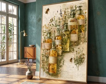 Vintage Apothecary Bottles Canvas, Botanical Herbal Wall Art, Floral Glass Jar Illustration, Nature Still Life Canvas, Rustic Home