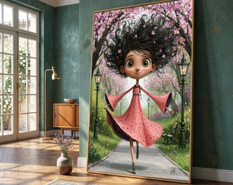 Whimsical Girl with Curly Hair, Cherry Blossom Park Canvas, Cute Character Art, Spring Floral Walk, Charming Wall Decoration