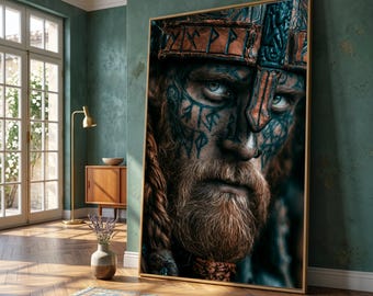Fierce Viking Warrior Portrait Canvas, Nordic Helmet Wall Art, Norse Man Tattoo Design, Historical Battle Canvas Decoration