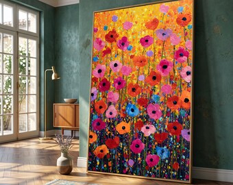 Vibrant Poppy Field Canvas Art, Colorful Floral Meadow Wall Decoration