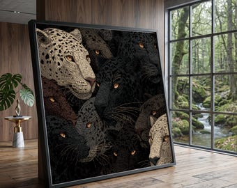 Majestic Leopard Group Canvas Wall Art, Wildlife Animal Portraits, Jungle Cat Illustration, Safari Home Decor, Animal Lover Gift