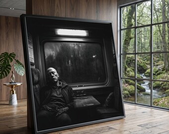Moody Train Ride Scene, Black and White Canvas, Rainy Window Art, Travel Photography Wall Art, Home Decor Canvas, Dramatic Interior Design